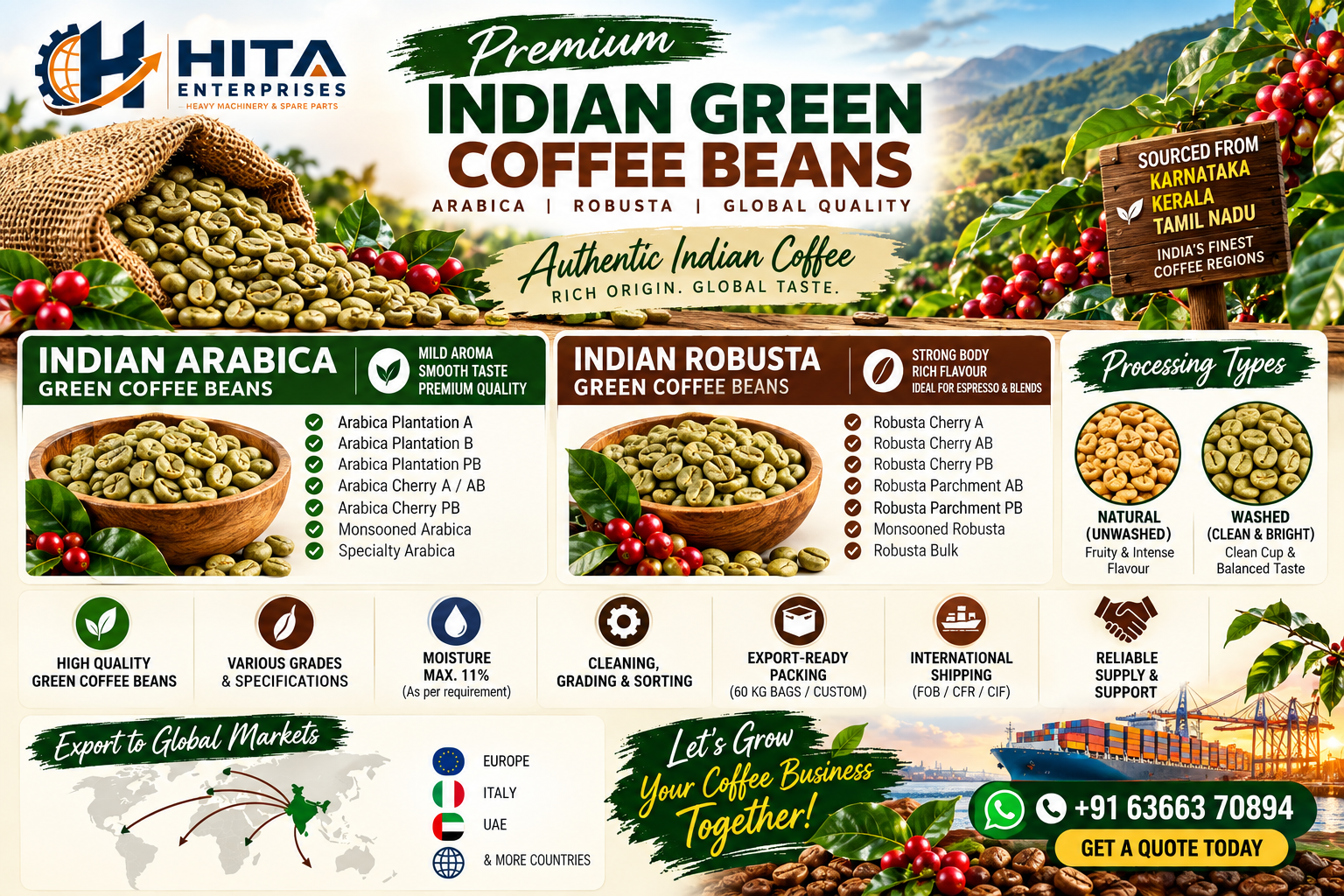 Indian Green Coffee Beans Exporter | Arabica & Robusta | Hita Enterprises